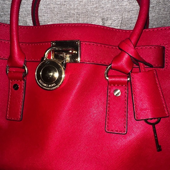 Red leather shoulder bag top handle satchel bag Michael Kors Hamilton purse - Picture 11 of 13